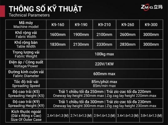 Máy trải vải k9 Nghệ An - Chìa khóa vàng bứt phá tiến độ cho xưởng may 3 Thông số máy trải vải k9